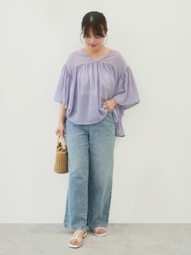 「coca（coca）（コカ）の＼26ss新色追加／サマーデニムウエストゴムイージーパンツ（デニムパンツ、ブルー系）」を使った、cocaさん（レディース・160cm）の夏コーディネート