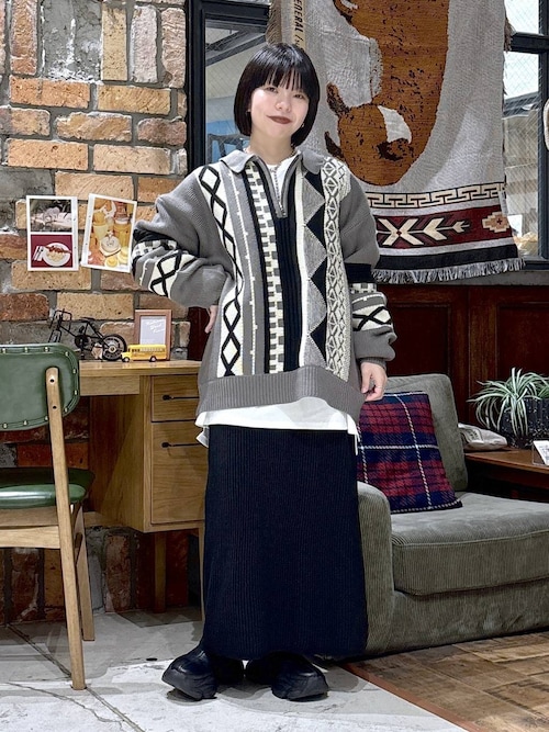 セール】ヴィンテージ柄襟ZIPニットプルオーバー（ニット/セーター