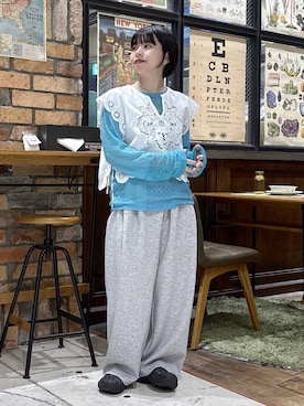 「niko and...（ニコアンド）のスカラップレースノースリーブプルオーバー（ベスト、ホワイト系）」を使った、むーちゃんさん（レディース・146cm）の夏コーディネート