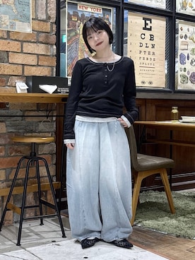 「niko and...（ニコアンド）のヘンリーネックレイヤードＴシャツ（Tシャツ/カットソー、ブラック系）」を使った、むーちゃんさん（レディース・146cm）の夏コーディネート