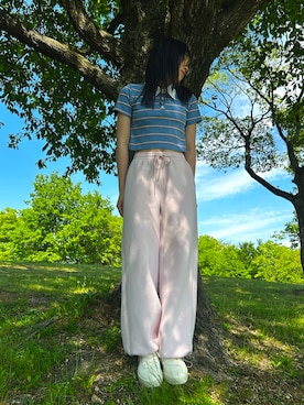 「GU（ジーユー）のアイテム（スウェットパンツ、ピンク系）」を使った、hamhamさん（レディース・154cm）の春コーディネート