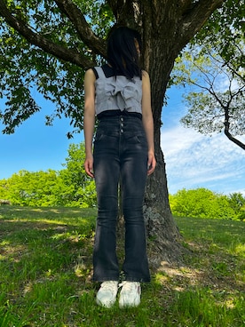 「WEGO（ウィゴー）のWEGO/ハイウエストストレッチフレアデニムパンツ（デニムパンツ、ブラック系）」を使った、hamhamさん（レディース・154cm）の春コーディネート