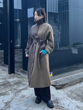 「黒パンツ」｜「アイテム（ステンカラーコート）」を使った、nodokaさん（レディース・163cm）の冬コーディネート