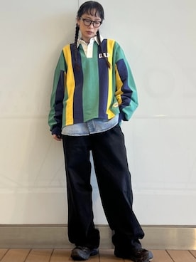 「GAP（ギャップ）のGap × Sean Wotherspoon オーバーサイズ ストライプポロシャツ（ポロシャツ、ブルー系）」を使った、GapJapanさん（レディース・160cm）の春コーディネート