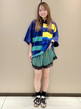 「GAP（ギャップ）のGap × Sean Wotherspoon リサイクル サテンストライプ イージーウエスト ショートパンツ（その他パンツ、グリーン系）」を使った、GapJapanさん（レディース・160cm）の春コーディネート