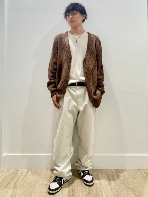 サンローラン カーディガン ウール 長袖 アーガイル アイボリー ゴールド S セール】ブラッシュド アーガイルカーディガン（カーディガン/ボレロ