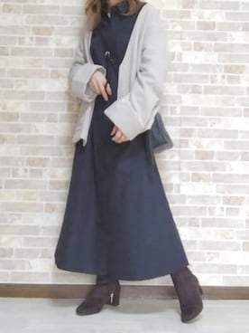 「黒ワンピ」｜「アイテム（ノーカラージャケット）」を使った、あ やさん（レディース・147cm）の秋コーディネート