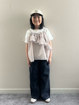 「Piet（ピエット）のストライプビスチェ＆メローTセット（Tシャツ/カットソー、ブラウン系）」を使った、y___aさん（キッズ・126cm）の春コーディネート