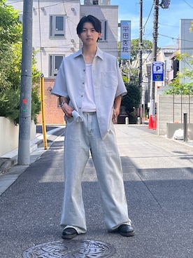 「ALL RUNS（オールランズ）の5ポケット コットンワイドデニムパンツ 2026年 夏 夏服 秋服（デニムパンツ、ブルー系）」を使った、ケンジさん（メンズ・172cm）の夏コーディネート