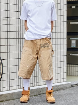 「Liberaiders（リベレイダース）のLiberaiders/リベレイダース HANDWRITING CANVAS WORK SHORTS ダブルニー ペイントデザイン ワークショーツ 2026年 夏 夏服（デニムパンツ、ベージュ系）」を使った、ケンジさん（メンズ・172cm）の夏コーディネート