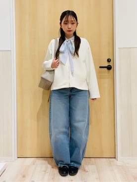 「SHOO・LA・RUE（シューラルー）の【セットアップ可/S-LL/なめらかタッチ】大人のきれいめスタイルに ノーカラージップブルゾン（ブルゾン、ホワイト系）」を使った、minamiさん（レディース・154cm）の春コーディネート