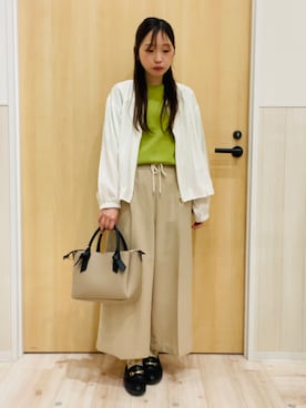 「SHOO・LA・RUE（シューラルー）の【毎日洗える/S-LL】上半身がすっきり見える　多機能5分袖ニット（ニット/セーター、グリーン系）」を使った、minamiさん（レディース・154cm）の春コーディネート
