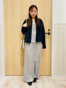 「SHOO・LA・RUE（シューラルー）の【S-LL】サッと羽織れてきれい見え　フラップポケット ノーカラーブルゾン（ブルゾン、ブルー系）」を使った、minamiさん（レディース・154cm）の春コーディネート