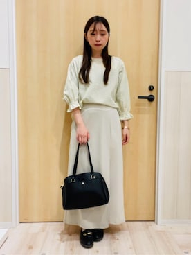 「SHOO・LA・RUE（シューラルー）の【セットアップ可/S-LL/洗濯機可】二の腕もカバーしてくれる　さらっとした着心地の6分袖サッカーブラウス（シャツ/ブラウス、イエロー系）」を使った、minamiさん（レディース・154cm）の春コーディネート