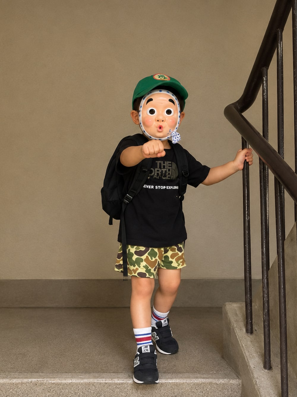 ブラック系のTシャツ/カットソー、その他のその他パンツ、ブラック系のバックパック/リュックを着用したキッズの秋コーディネートの1枚目の写真