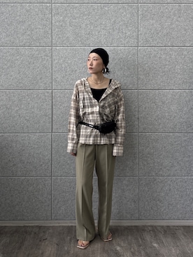「GALLEST（ギャレスト）のフード付 シアーチェックシャツ（シャツ/ブラウス、ベージュ系）」を使った、kotakiさん（レディース・158cm）の夏コーディネート