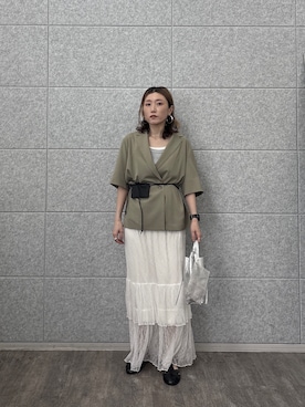 「GALLEST（ギャレスト）のComfy SET UP｜ハーフスリーブジャケット【セットアップ対応／通勤／接触冷感／UVカット】（テーラードジャケット、グリーン系）」を使った、kotakiさん（レディース・158cm）の夏コーディネート