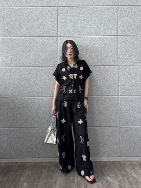 「GALLEST（ギャレスト）のアート刺繍半袖シャツ【セットアップ可能】（シャツ/ブラウス、ブラック系）」を使った、kotakiさん（レディース・158cm）の夏コーディネート