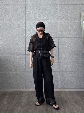 「GALLEST（ギャレスト）のオープンカラーボタニカル刺繍シャツ【セットアップ可能】（シャツ/ブラウス、ブラック系）」を使った、kotakiさん（レディース・158cm）の夏コーディネート
