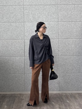 「GALLEST（ギャレスト）のバイアスシャーリングチェックシャツ（シャツ/ブラウス、ブラック系）」を使った、kotakiさん（レディース・158cm）の夏コーディネート