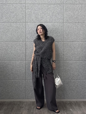 「GALLEST（ギャレスト）のシャギーニット ストール付きトップス（ニット/セーター、ブラック系）」を使った、kotakiさん（レディース・158cm）の夏コーディネート