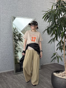 「GALLEST（ギャレスト）のナンバリングTシャツ（Tシャツ/カットソー、ベージュ系）」を使った、kotakiさん（レディース・158cm）の夏コーディネート