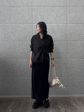 「GALLEST（ギャレスト）のバイアスシャーリングチェックシャツ（シャツ/ブラウス、ブラック系）」を使った、kotakiさん（レディース・158cm）の夏コーディネート