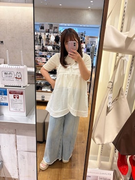 「LOWRYS FARM（ローリーズファーム）のハイウエストバギーデニム 637569（デニムパンツ、ブルー系）」を使った、ゆっきー☺︎さん（レディース・160cm）の春コーディネート