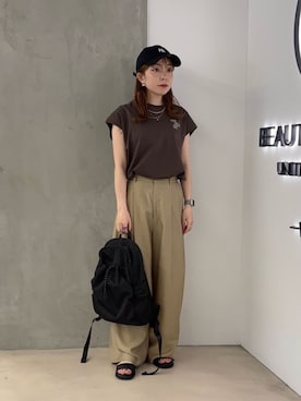 「BEAUTY&YOUTH UNITED ARROWS(ビューティーアンドユースユナイテッドアローズ)のコットン ロゴプリント フレンチスリーブ Tシャツ(Tシャツ/カットソー、ブラウン系)」を使った、北村穂乃佳さん(レディース・150cm)の夏コーディネート