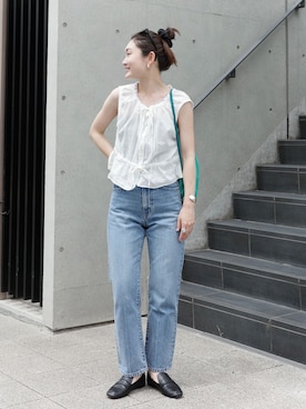 「OUTDOOR PRODUCTS（アウトドアプロダクツ）のピンタックレースノースリブラウス（シャツ/ブラウス、ホワイト系）」を使った、Ayaka Inabaさん（レディース・163cm）の夏コーディネート