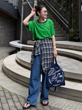 「OUTDOOR PRODUCTS（アウトドアプロダクツ）のマドラスチェックプレーンシャツ（シャツ/ブラウス、グリーン系）」を使った、Ayaka Inabaさん（レディース・163cm）の夏コーディネート