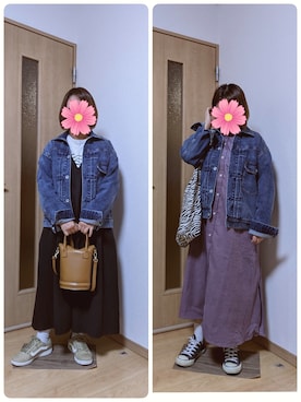 「haco!（ハコ）のアイテム（ジャンパースカート）」を使った、こすもすさん（レディース・150cm）の秋コーディネート