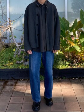 「GU（ジーユー）のアイテム（デニムパンツ、ブルー系）」を使った、KEITOさん（メンズ・171cm）の冬コーディネート