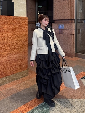 「アイテム（ノーカラージャケット）」を使った、honokaさん（レディース・163cm）の秋コーディネート