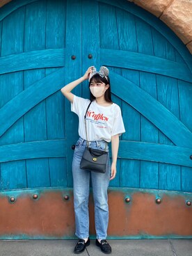 「FREAK'S STORE（フリークスストア）のRESTAURANTロゴTシャツ（Tシャツ/カットソー、ホワイト系）」を使った、ももこさん（レディース・161cm）の夏コーディネート