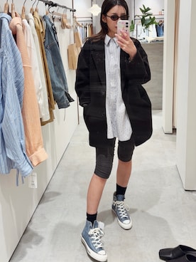 「Ungrid（アングリッド）のスリーブデザインルーズシャツ（シャツ/ブラウス、パープル系）」を使った、福本 茉以さん（レディース・160cm）の春コーディネート