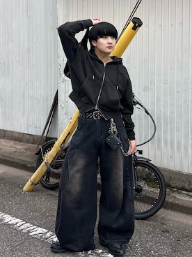 「mushwear（マッシュウェア）のワイドバギー ウォッシュドデニムパンツ（デニムパンツ）」を使った、Seigoさん（メンズ・165cm）の秋コーディネート