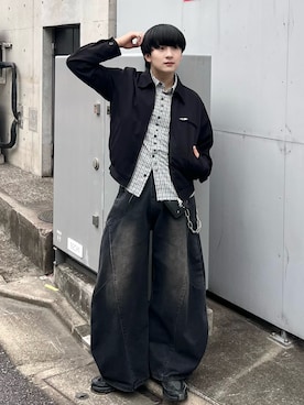 「mushwear（マッシュウェア）のワイドバギー ウォッシュドデニムパンツ（デニムパンツ）」を使った、Seigoさん（メンズ・165cm）の秋コーディネート