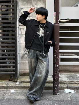 「WISH FOR EVER（ウィッシュフォーエバー）のASSORT DOUBLE ZIP SHORT JACKET/（SETUP）/ アソートダブルジップショートジャケット(セットアップ)（ブルゾン、ブラック系）」を使った、Seigoさん（メンズ・165cm）の春コーディネート