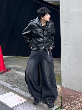 「LANDNESS（ランドネス）の【LANDNESS/ランドネス】Faux Leather Ike Jacket/フェイクレザーアイクジャケット（その他アウター、ブラック系）」を使った、Seigoさん（メンズ・165cm）の秋コーディネート