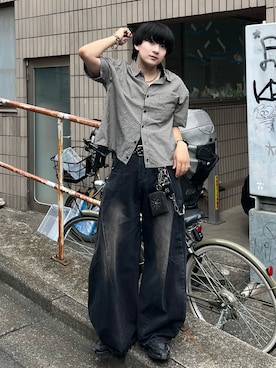 「Chikashitsu +（チカシツプラス）の【Chikashitsu＋】cropped check half sleeve shirt / 【チカシツプラス】クロップドチェック半袖シャツ（シャツ/ブラウス）」を使った、Seigoさん（メンズ・165cm）の秋コーディネート