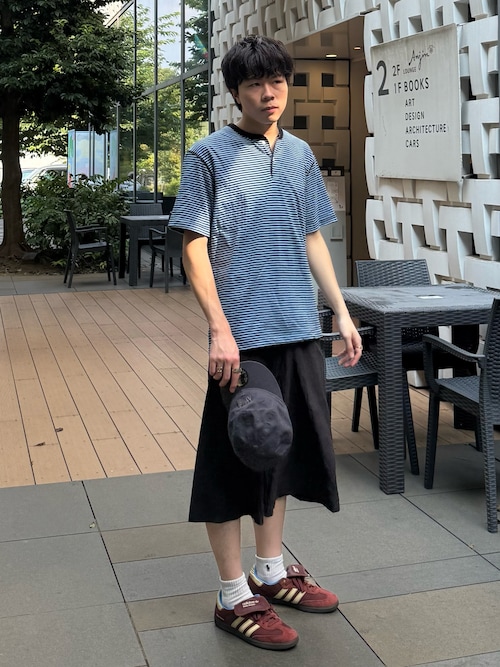 「POKER FACE(ポーカーフェイス)のSTRIPE HENLEY NECK T-SHIRTS BLUE(Tシャツ/カットソー)」を使った、junさん(メンズ・170cm)の夏コーディネート