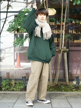 「flaner（フラネ）のペインターデニムパンツ【ユニセックス】（デニムパンツ）」を使った、junさん（メンズ・171cm）の秋コーディネート