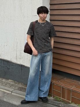 「EPNK（イーピーエヌケー）のAssorted border short sleeve tee / アソートボーダーショートスリーブT（Tシャツ/カットソー、ブラック系）」を使った、junさん（メンズ・170cm）の夏コーディネート