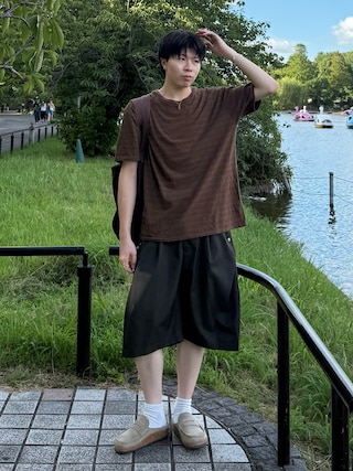 「CONZ（コンズ）のcurve leg wide shorts/ショートパンツ/夏服/カーブシルエット/CONZ（スラックス）」を使った、junさん（メンズ・170cm）の夏コーディネート