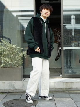 「flaner（フラネ）のペインターデニムパンツ【ユニセックス】（デニムパンツ）」を使った、junさん（メンズ・171cm）の冬コーディネート