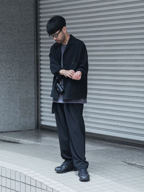 PE ストレッチダブルクロス ベルテッド ワイドテーパードトラウザーズ / PE STRETCH DOUBLE CLOTH BELTED WIDE TAPERD TROUSERS
