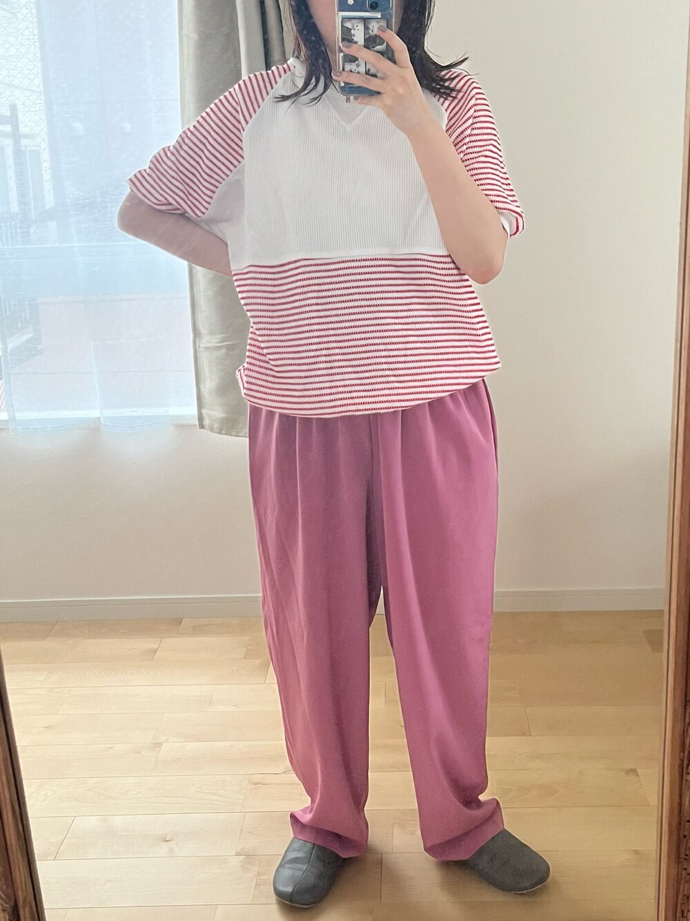 「used、vintage、夏コーデ、リラックススタイル、古着、ピンク」｜「usedのアイテム（パンツ、ピンク系）」を使った、あさん（レディース・159cm）の夏コーディネートの1枚目の写真