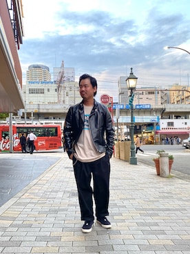 「アイテム（ライダースジャケット）」を使った、wakiさん（メンズ・165cm・30代）の春コーディネート