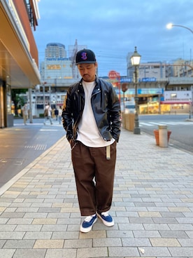 「ワークパンツ」｜「アイテム（ライダースジャケット）」を使った、wakiさん（メンズ・165cm）の秋コーディネート